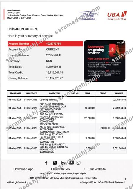 Nigeria United Bank for Africa bank statement Word and PDF template